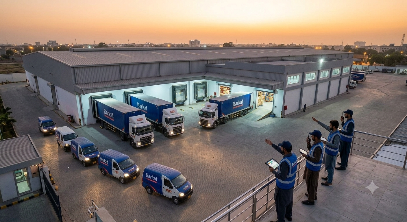 Aerial view of Barkat Corporation's delivery fleet staged at the warehouse loading dock